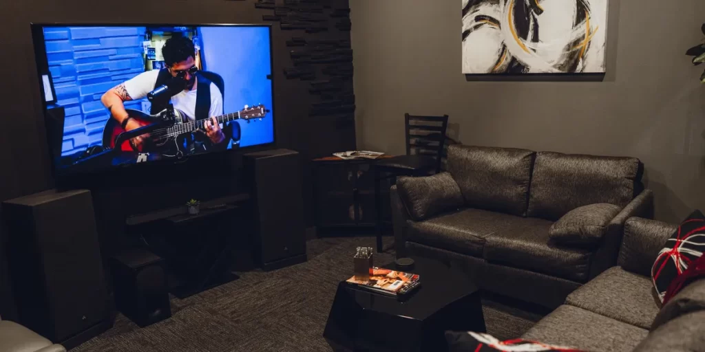 The Green Room inside of Sunrise Podcast Studio